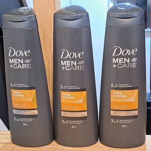 3 New Dove Men+Care Thick & Strong 2-in-1 Shampoo + Conditioner. 355ml X 3